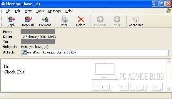 E-mail containing the Anna Kournikova virus